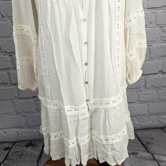 Carly Jean womens long sleeve button front lace inset semi sheer sz small top b9 - Picture 7 of 9